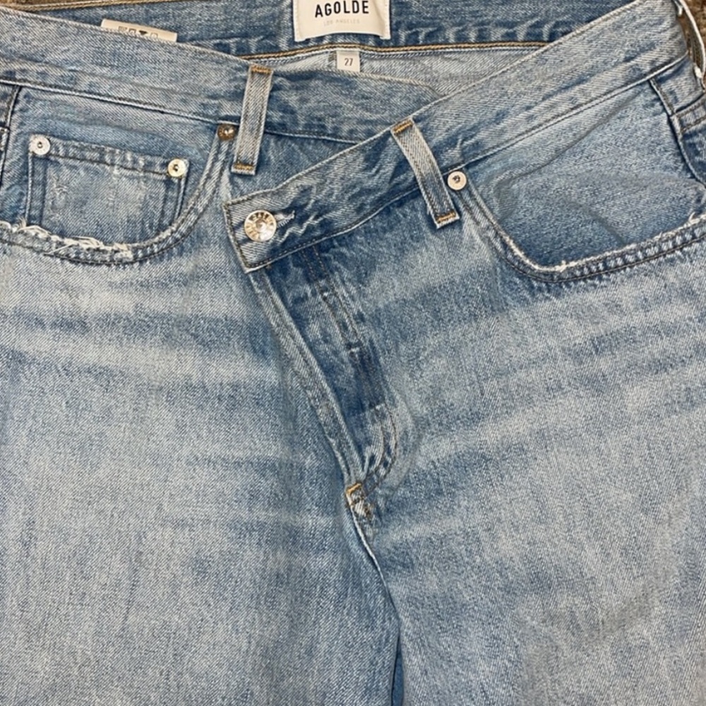 Agolde 27 upside jean asymmetrical button butterfly Classic Blue Women's Jeans - Picture 7 of 13